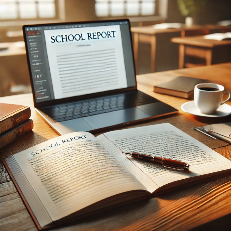 Ein Schreibtisch mit einem offenen Notizbuch, in dem handschriftliche Notizen zu sehen sind. Daneben liegt ein Stift auf einem Blatt Papier, während ein Laptop einen Textdokument anzeigt. Eine Tasse Kaffee steht ebenfalls auf dem Tisch. Im Hintergrund ist eine schulische Umgebung zu erkennen, die auf ein konzentriertes Arbeitsumfeld hindeutet. Die Beleuchtung ist warm und natürlich, was eine studierende und ernsthafte Stimmung erzeugt.