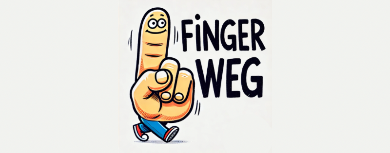 Ein humorvoll gestalteter Schriftzug mit der Aufschrift „Finger weg“ in farbenfrohem, verspieltem Design. Das Bild wurde durch eine KI erstellt.