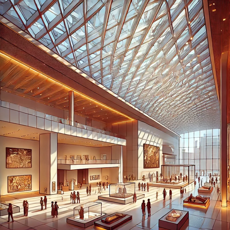 Ein weitläufiger Museumssaal im Cartoon-Stil mit einer modernen, eleganten Architektur. Die hohe, teilweise verglaste Decke lässt viel natürliches Licht in den Raum. An den Wänden hängen großformatige Kunstwerke, während verschiedene Skulpturen und Exponate in Vitrinen präsentiert werden. Besucher schlendern durch den Raum, betrachten die Ausstellungsstücke und unterhalten sich. Warme Beleuchtungselemente verleihen dem Raum eine einladende Atmosphäre. Im Hintergrund ist eine große Fensterfront mit Blick auf eine städtische Skyline zu sehen.