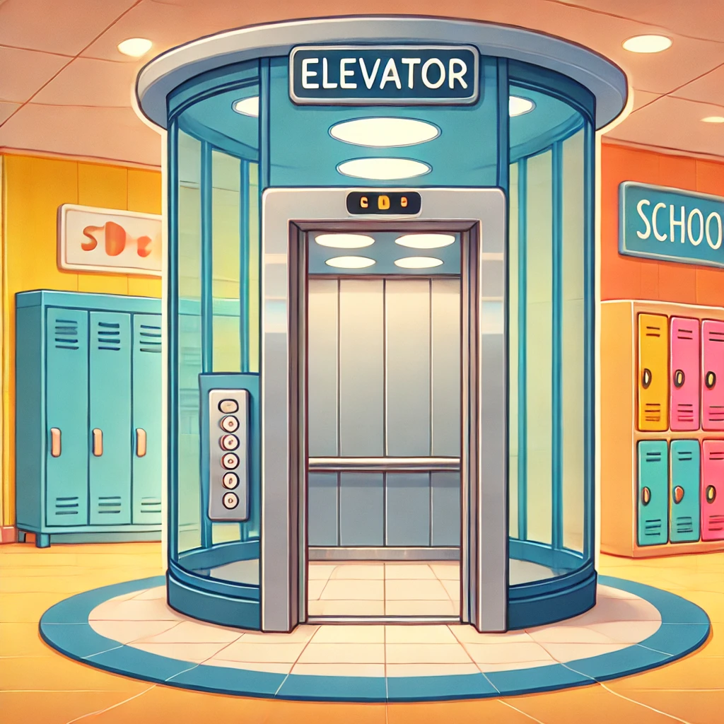 Ein Cartoonbild zeigt einen modernen Aufzug in einem Schulgebäude. Der Aufzug hat transparente Türen und ein einladendes, barrierefreies Design. Er befindet sich in einem bunten Schulflur mit farbigen Wänden, Spinden und heller Beleuchtung. Die Szene wirkt freundlich und zugänglich.