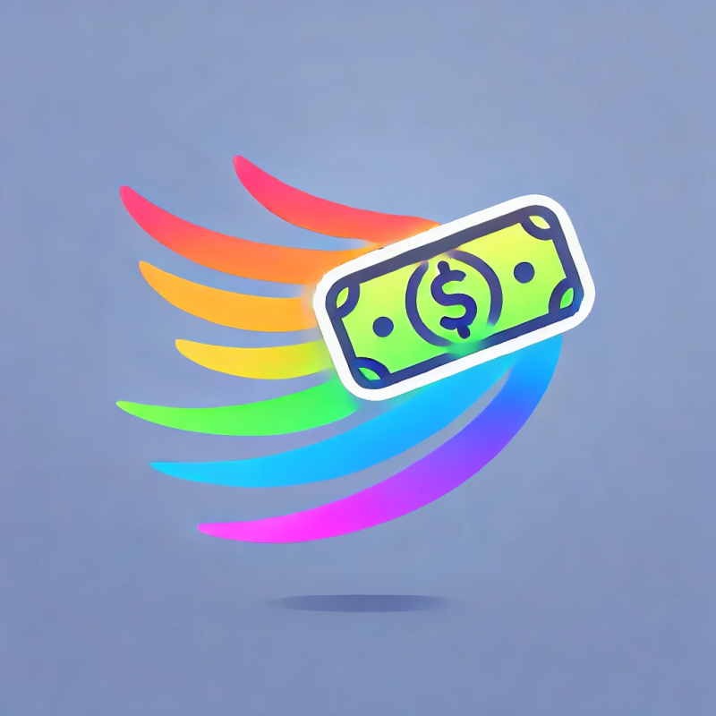 Eine stilisierte Illustration zeigt eine grüne Geldschein-Ikone mit einem Dollarzeichen in der Mitte. Der Geldschein ist von einem weißen Rand umgeben und schwebt vor einem blauen Hintergrund. Hinter dem Geldschein erstrecken sich geschwungene, bunte Linien in Regenbogenfarben, die eine dynamische Bewegung andeuten. Das Design wirkt modern, abstrakt und spielerisch.