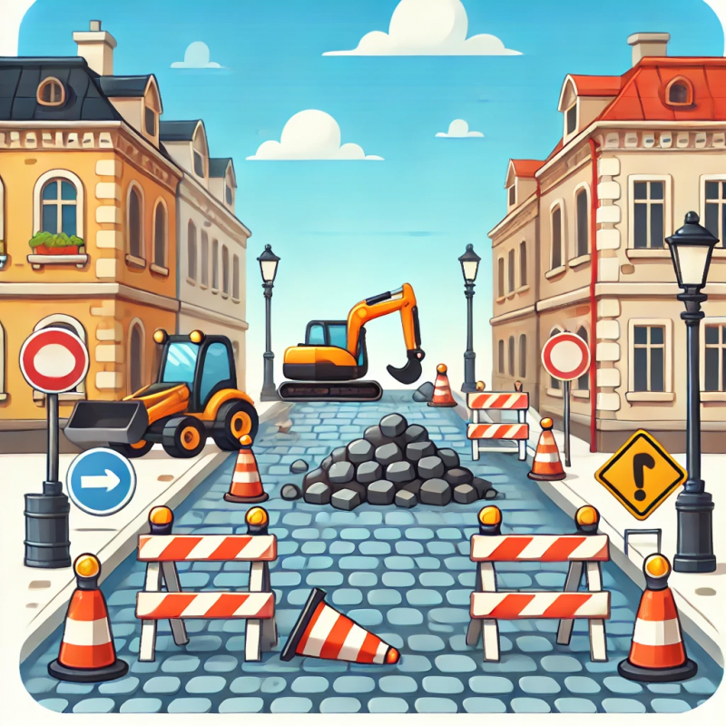Eine vereinfachte Cartoon-Illustration einer Kopfsteinpflasterstraße mit Baustelle. Die Szene zeigt Verkehrshütchen, Absperrungen und Baugeräte wie einen Bagger und einen Haufen Pflastersteine. Es sind keine Menschen und keine Schilder mit Schriftzügen zu sehen. Im Hintergrund stehen bunte Gebäude, und über der Straße erstreckt sich ein klarer blauer Himmel. Das Design ist minimalistisch und konzentriert sich auf die Baustellenelemente.