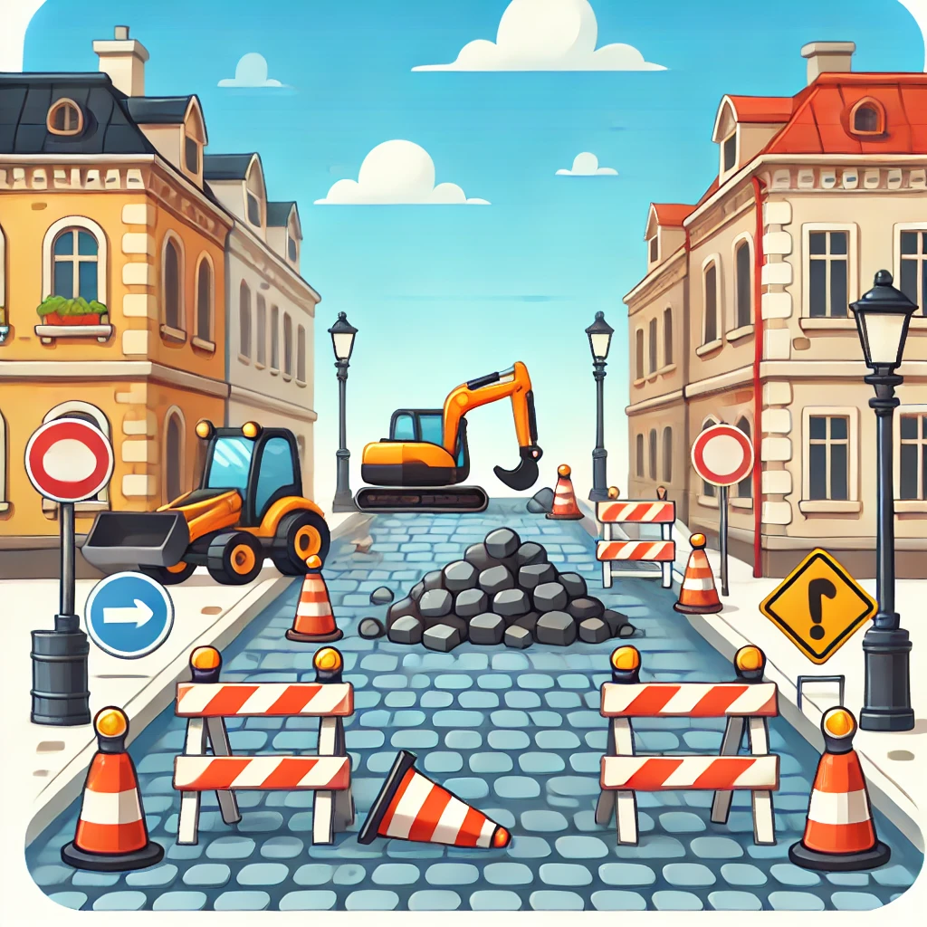 Eine vereinfachte Cartoon-Illustration einer Kopfsteinpflasterstraße mit Baustelle. Die Szene zeigt Verkehrshütchen, Absperrungen und Baugeräte wie einen Bagger und einen Haufen Pflastersteine. Es sind keine Menschen und keine Schilder mit Schriftzügen zu sehen. Im Hintergrund stehen bunte Gebäude, und über der Straße erstreckt sich ein klarer blauer Himmel. Das Design ist minimalistisch und konzentriert sich auf die Baustellenelemente.