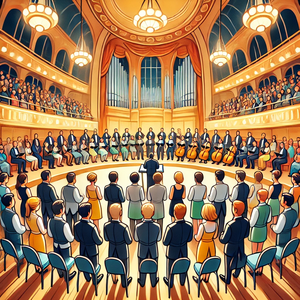 Das Bild zeigt ein großes, prunkvolles Konzerthaus mit einer hohen, gewölbten Decke, Kronleuchtern und einem beeindruckenden Orgelprospekt im Hintergrund. Ein Chor und ein Orchester sind in einem großen Halbkreis um einen Dirigenten versammelt, der in der Mitte auf einem Podest steht. Die Chormitglieder im Vordergrund tragen formelle Kleidung, teils in Schwarz-Weiß, teils in farbigen Akzenten. Das Publikum sitzt auf mehreren Ebenen in den Rängen und verfolgt gespannt die Aufführung.