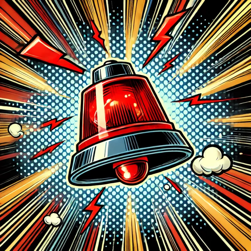 Eine dynamische Comic-Illustration eines Alarmsignals. Im Mittelpunkt steht eine rote, blinkende Sirene mit kräftigen schwarzen Umrissen und reflektierenden Lichtakzenten. Der Hintergrund ist mit strahlenförmigen Bewegungslinien, Blitzen und Punkteffekten gestaltet, um eine starke visuelle Wirkung zu erzeugen. Die kräftigen Farben und kontrastreichen Elemente verleihen dem Bild eine energiegeladene und dramatische Atmosphäre, passend für Warnsignale oder Notfallhinweise. Dieses Bild wurde mit KI erstellt.