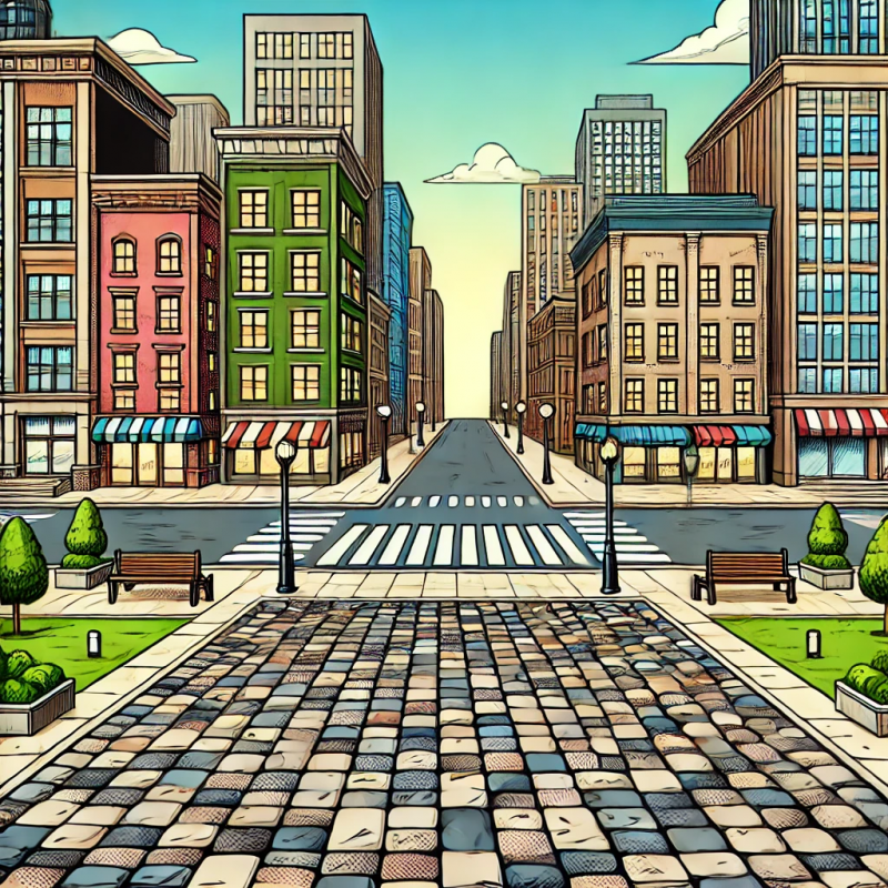 Zu sehen ist flaches Kopfsteinpflaster in einer Stadtumgebung, im Comicstil, mit urbanen Gebäuden und grünen Oasen.