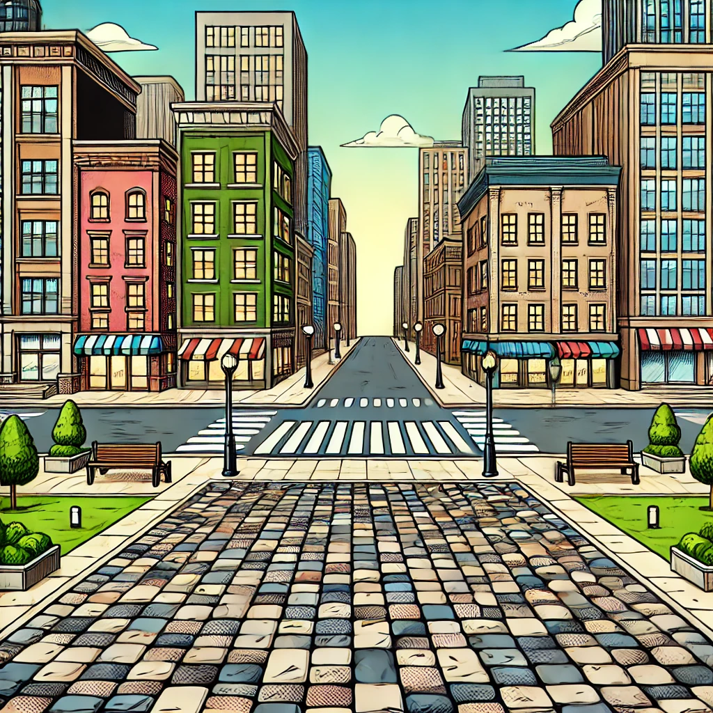 Zu sehen ist flaches Kopfsteinpflaster in einer Stadtumgebung, im Comicstil, mit urbanen Gebäuden und grünen Oasen.