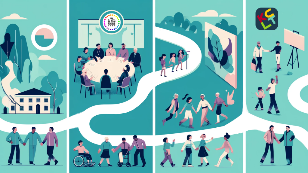 Illustration eines geschwungenen weißen Weges, der sich von links nach rechts durch das Bild zieht. Links: ein Verwaltungsgebäude und eine Gruppe Menschen bei Haushaltsverhandlungen an einem runden Tisch. Entlang des Weges: verschiedene Personen in Interaktion, darunter Menschen mit Behinderung. Rechts: Szenen kultureller Teilhabe, etwa eine Kunstausstellung und gemeinsames künstlerisches Arbeiten. Die Darstellung ist modern, farbenfroh und im Vektor-Stil gehalten. Das Bild wurde mithilfe von KI generiert.