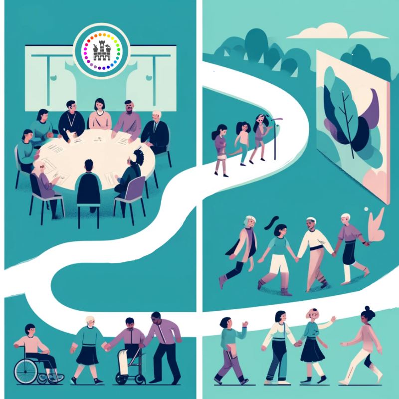 Illustration eines geschwungenen weißen Weges, der sich von links nach rechts durch das Bild zieht. Links: ein Verwaltungsgebäude und eine Gruppe Menschen bei Haushaltsverhandlungen an einem runden Tisch. Entlang des Weges: verschiedene Personen in Interaktion, darunter Menschen mit Behinderung. Rechts: Szenen kultureller Teilhabe, etwa eine Kunstausstellung und gemeinsames künstlerisches Arbeiten. Die Darstellung ist modern, farbenfroh und im Vektor-Stil gehalten. Das Bild wurde mithilfe von KI generiert.