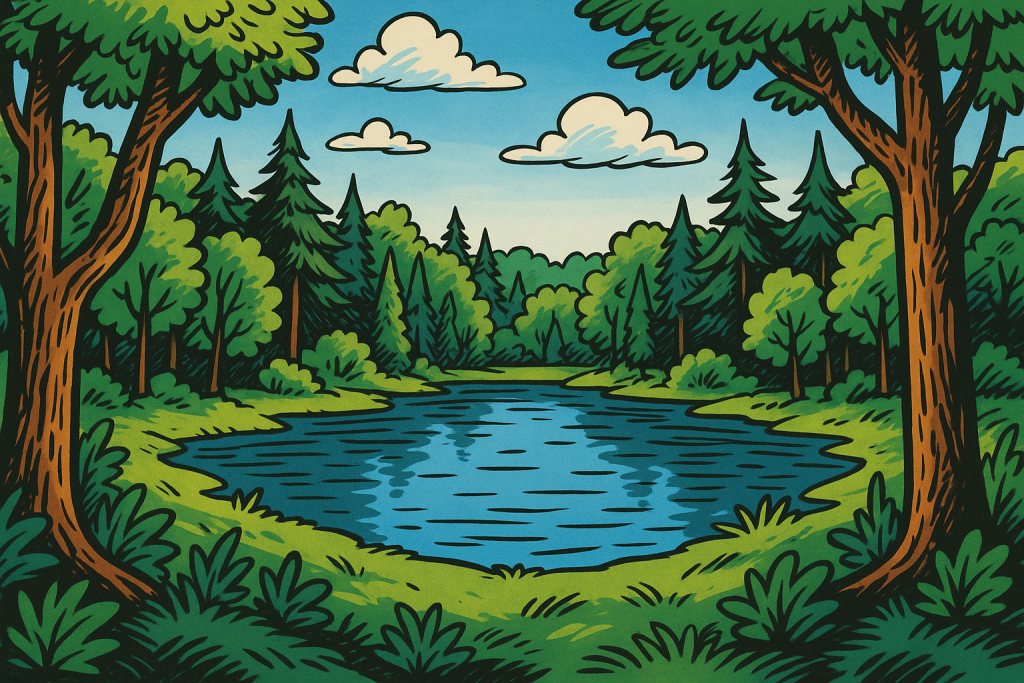 Ein farbenfrohes Comicbild zeigt einen ruhigen See, der zentral in einer dichten Waldlandschaft liegt. Der See spiegelt das satte Blau des Himmels und ist von sanft geschwungenen Ufern umgeben. Dichte Baumreihen aus Laub- und Nadelbäumen umrahmen das Gewässer. Im Vordergrund ragen zwei große Bäume mit kräftigen braunen Stämmen ins Bild. Über dem Wald schweben einige weiße, stilisierte Wolken. Das Bild ist im typischen Comicstil gehalten, mit kräftigen Konturen und leuchtenden Farben.