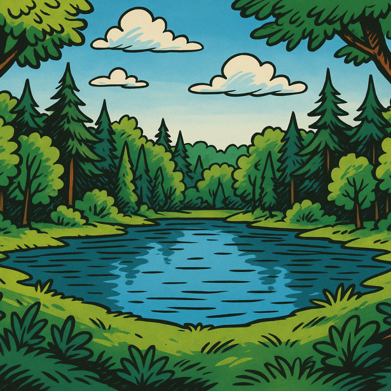 Ein farbenfrohes Comicbild zeigt einen ruhigen See, der zentral in einer dichten Waldlandschaft liegt. Der See spiegelt das satte Blau des Himmels und ist von sanft geschwungenen Ufern umgeben. Dichte Baumreihen aus Laub- und Nadelbäumen umrahmen das Gewässer. Im Vordergrund ragen zwei große Bäume mit kräftigen braunen Stämmen ins Bild. Über dem Wald schweben einige weiße, stilisierte Wolken. Das Bild ist im typischen Comicstil gehalten, mit kräftigen Konturen und leuchtenden Farben.