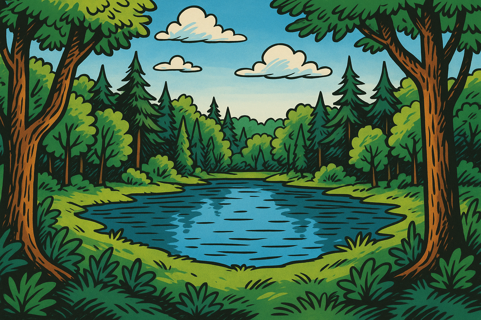 Ein farbenfrohes Comicbild zeigt einen ruhigen See, der zentral in einer dichten Waldlandschaft liegt. Der See spiegelt das satte Blau des Himmels und ist von sanft geschwungenen Ufern umgeben. Dichte Baumreihen aus Laub- und Nadelbäumen umrahmen das Gewässer. Im Vordergrund ragen zwei große Bäume mit kräftigen braunen Stämmen ins Bild. Über dem Wald schweben einige weiße, stilisierte Wolken. Das Bild ist im typischen Comicstil gehalten, mit kräftigen Konturen und leuchtenden Farben.