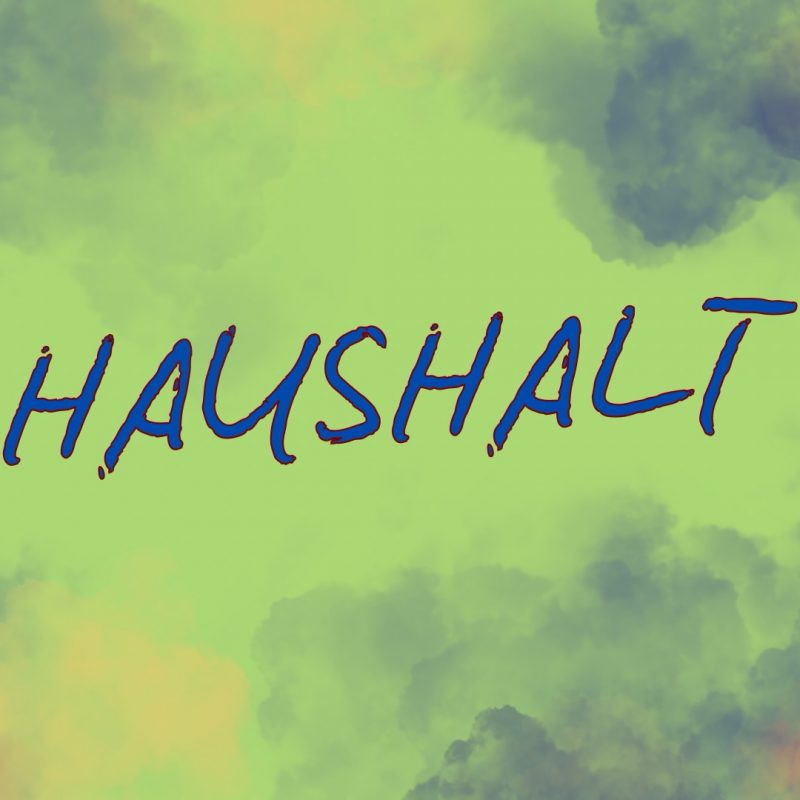 Großes, handschriftlich anmutendes Wort „HAUSHALT“ in dunkelblauer Schrift mit rotem Rand auf einem hellgrünen Hintergrund. Der Hintergrund ist wolkig und nebelartig gestaltet, mit weichen Farbverläufen in dunklem Blau, Lila und Orange. Die Darstellung wirkt atmosphärisch und leicht dramatisch.